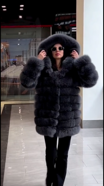 Saga Hooded Grey Fox Fur Coat